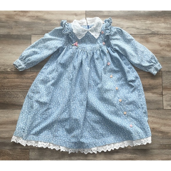 Jumpers Other - Vintage 1980s Toddler Girl 4 Blue Ditzy Floral Cotton Lace Collar Easter Outfit
